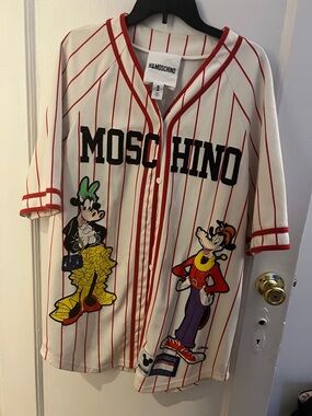 H&M MOSCHINO White & Red Pinstripe Disney Baseball Jersey